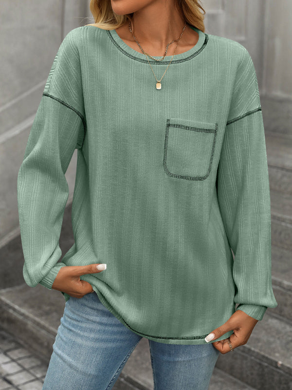 T-Shirts - Textured Long Sleeve Pullover Contrast Trim T-Shirt