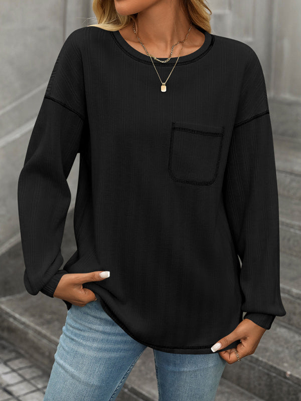 T-Shirts - Textured Long Sleeve Pullover Contrast Trim T-Shirt