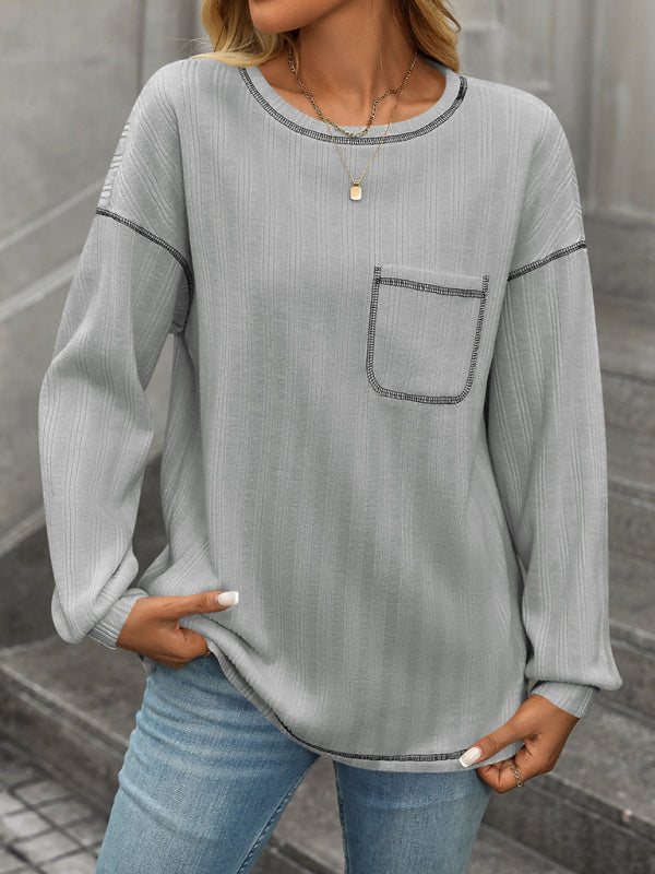 T-Shirts - Textured Long Sleeve Pullover Contrast Trim T-Shirt