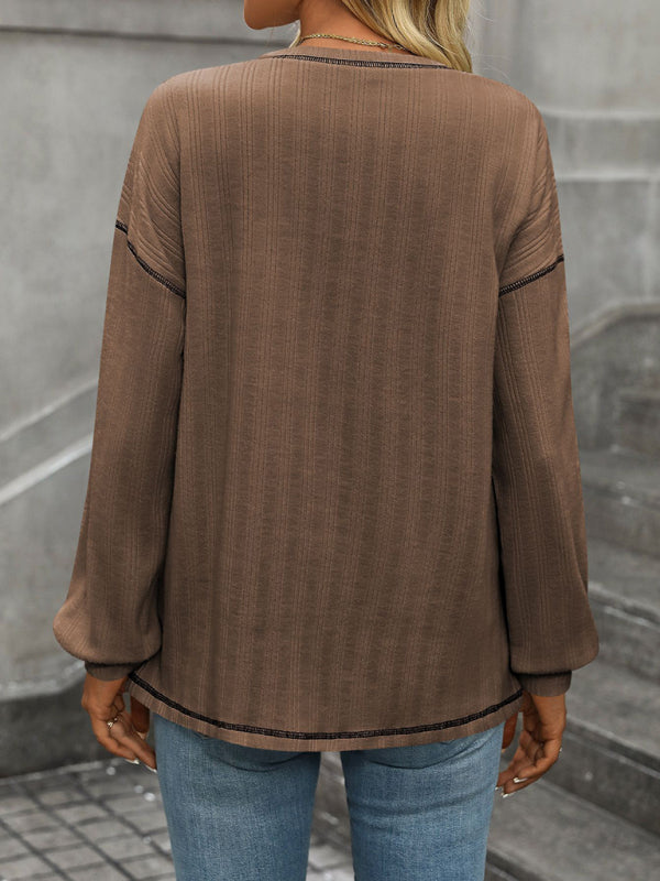 T-Shirts - Textured Long Sleeve Pullover Contrast Trim T-Shirt