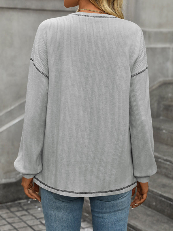 T-Shirts - Textured Long Sleeve Pullover Contrast Trim T-Shirt