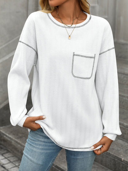 T-Shirts - Textured Long Sleeve Pullover Contrast Trim T-Shirt