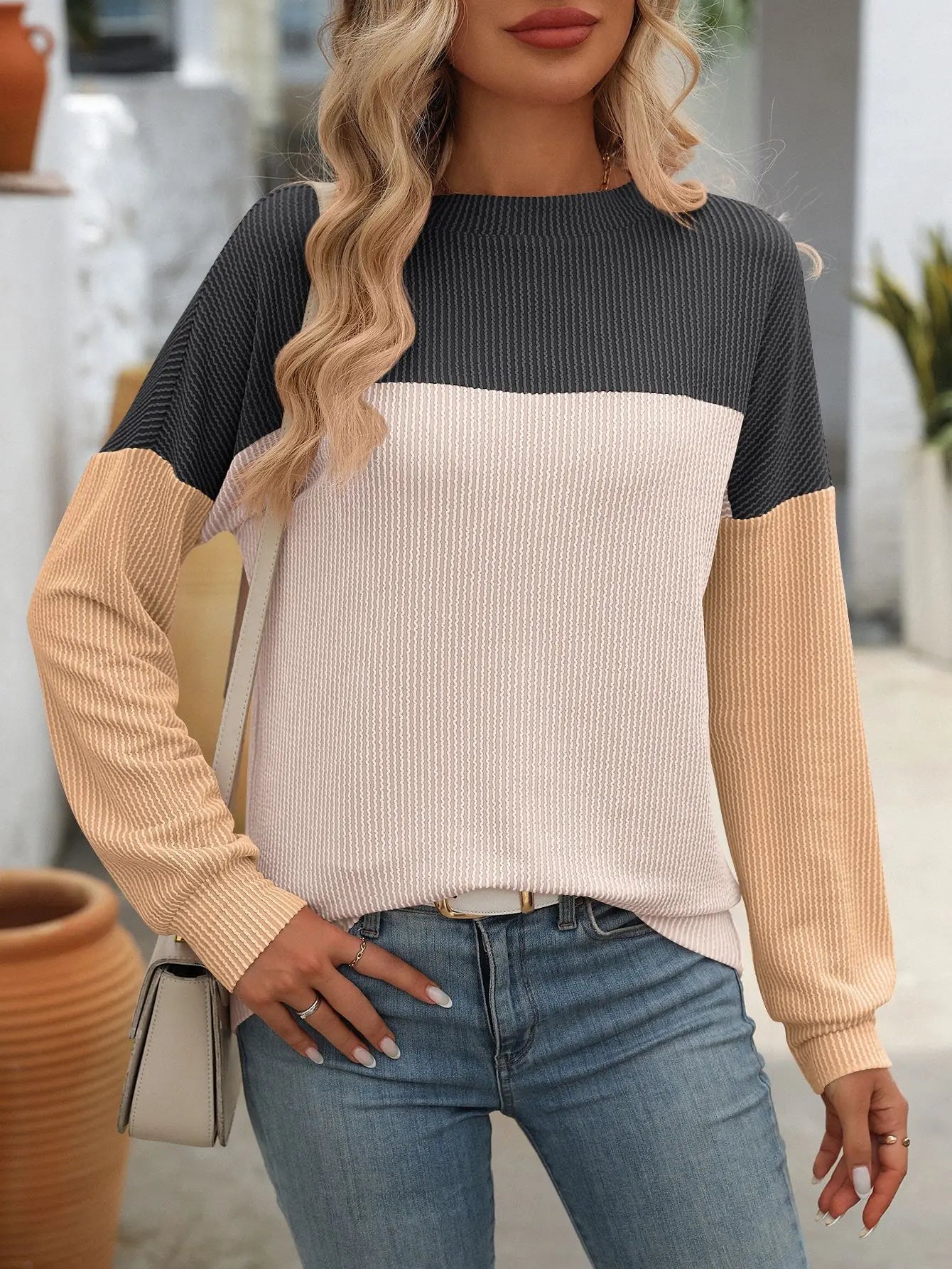 Lässiges T-Shirt mit Farbblockierung für Damen für den Herbst