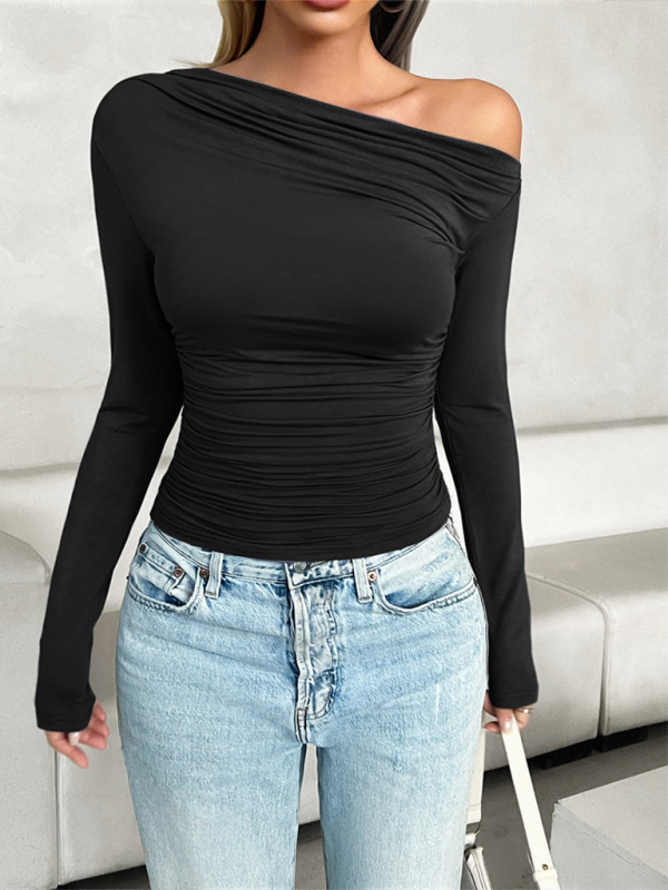 T-Shirts- Women's Long Sleeve T-Shirt with Trendy One-Shoulder- - Chuzko Women Clothing