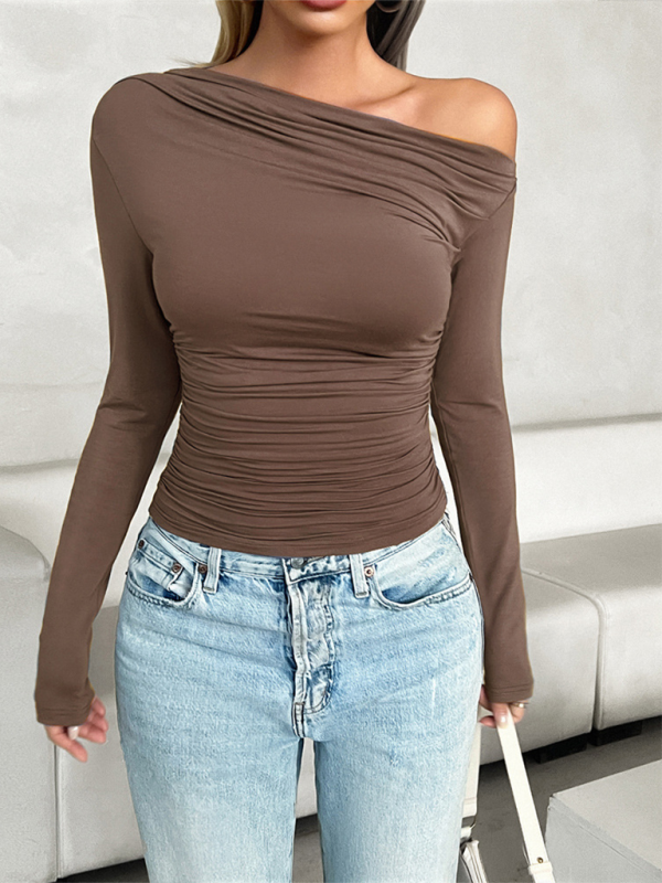 T-Shirts- Women's Long Sleeve T-Shirt with Trendy One-Shoulder- - Chuzko Women Clothing