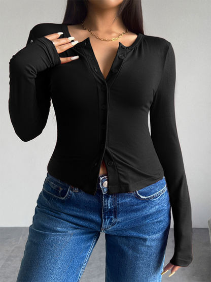 T-shirts- Women Button-Down Top Crew Neck Cardigan T-Shirt- Black- Pekosa Women Fashion