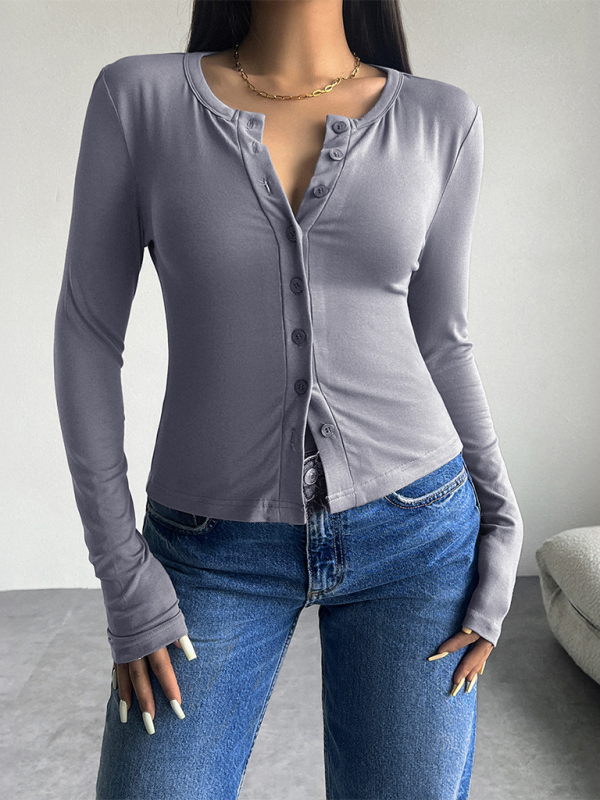 T-shirts- Women Button-Down Top Crew Neck Cardigan T-Shirt- Blue grey- Pekosa Women Fashion