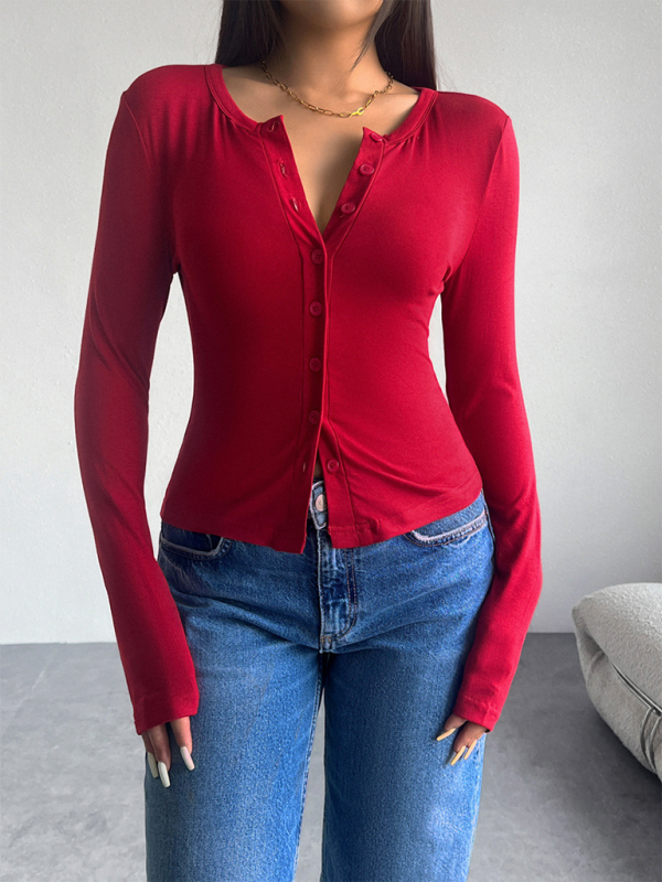 T-shirts- Women Button-Down Top Crew Neck Cardigan T-Shirt- Wine Red- Pekosa Women Fashion