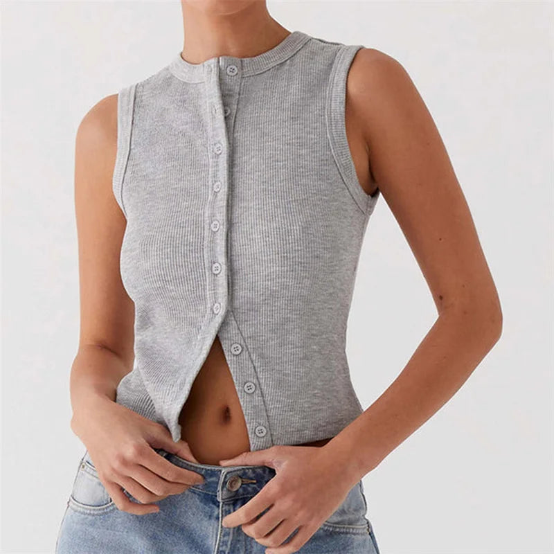 Tank Tops - Fall Ribbed Sleeveless Buttoned Top for Everyday Wear