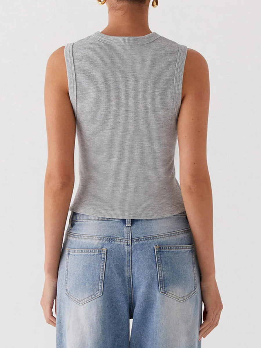 Tank Tops - Fall Ribbed Sleeveless Buttoned Top for Everyday Wear