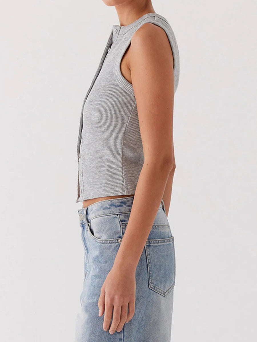 Tank Tops - Fall Ribbed Sleeveless Buttoned Top for Everyday Wear