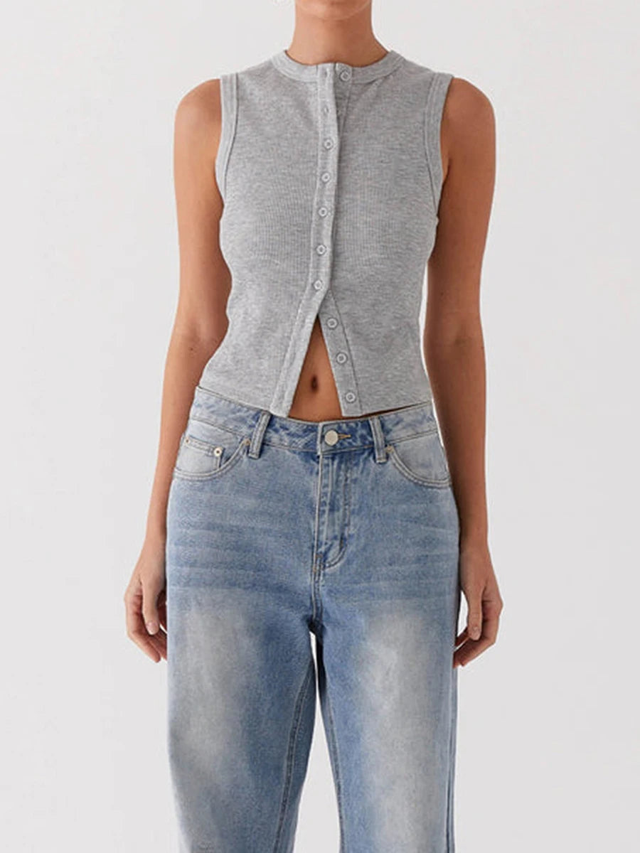 Tank Tops - Fall Ribbed Sleeveless Buttoned Top for Everyday Wear