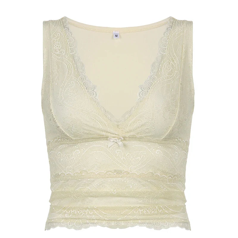 Tank Tops- Lace Overlay V-Neck Sleeveless Top for Women- Beige- Pekosa Women Fashion