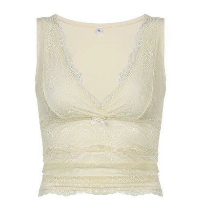 Tank Tops- Lace Overlay V-Neck Sleeveless Top for Women- Beige- Pekosa Women Fashion