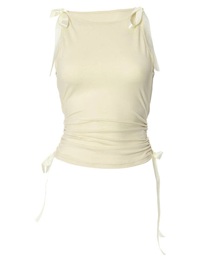 Sleeveless Top with Tie Accents & Ruched Sides