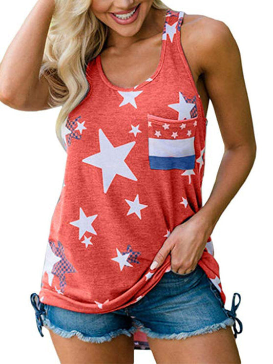Tank Tops- Women's Sleeveless USA Flag Top- Red- Pekosa Women Fashion