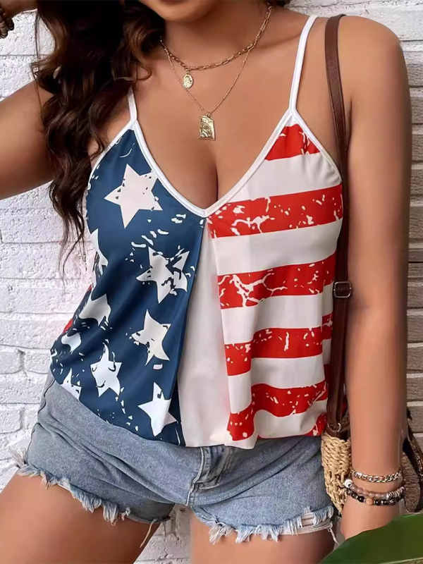 Tank Tops- Patriotic Women's Flag Print Sleeveless Top- Blue- Pekosa Women Fashion