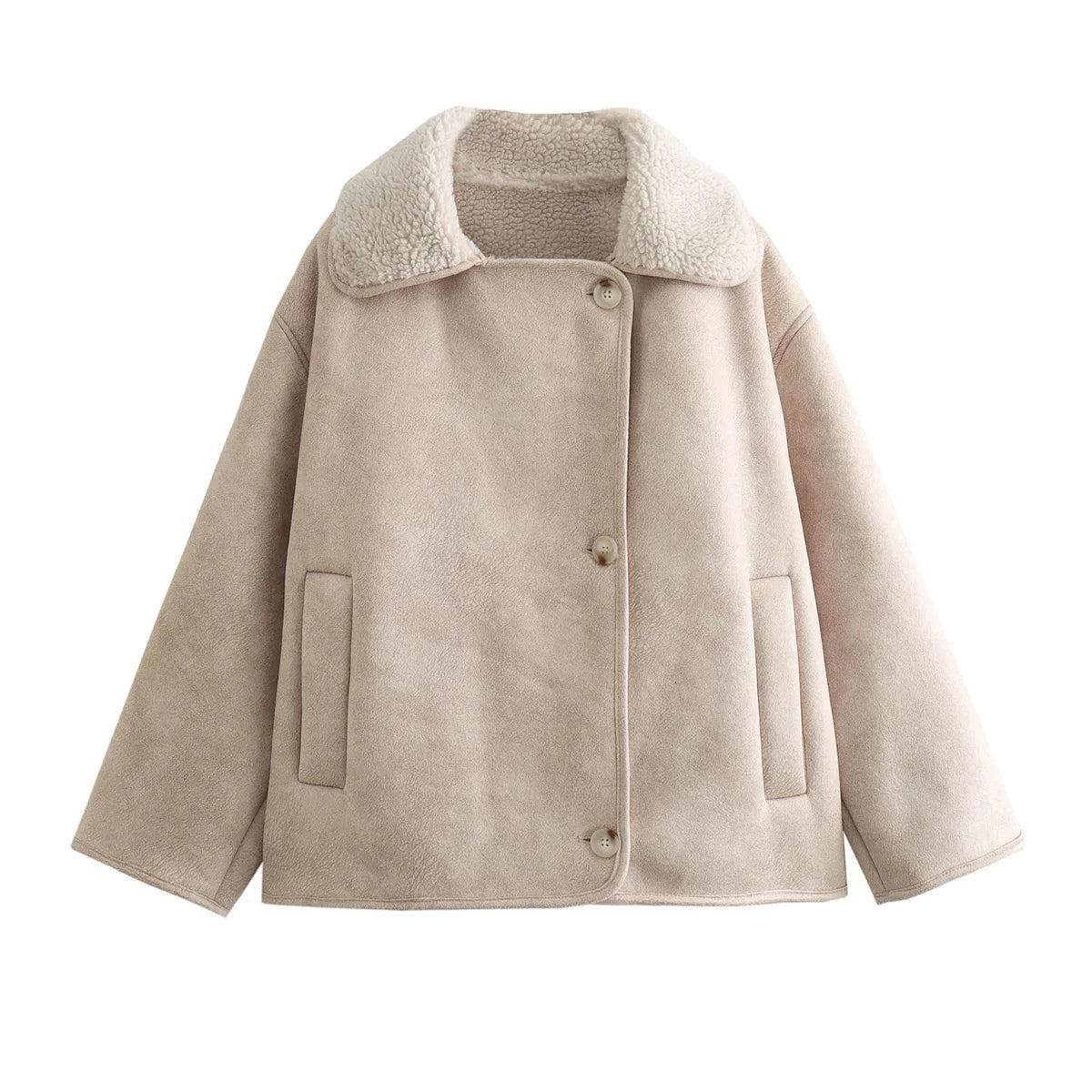 Teddy Jackets- Fall Essential Plush-Collared Winter Jacket- Beige- Chuzko Women Clothing