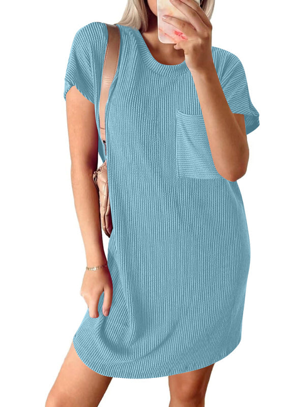 Tee Dresses- Women's Striped Crew Neck Tee Dress in Sporty Style- - Pekosa Women Fashion