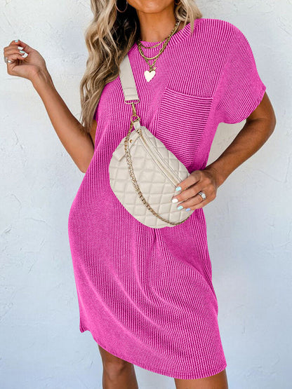 Tee Dresses- Women's Striped Crew Neck Tee Dress in Sporty Style- Rose- Pekosa Women Fashion