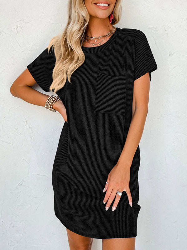 Tee Dresses- Women's Striped Crew Neck Tee Dress in Sporty Style- - Pekosa Women Fashion