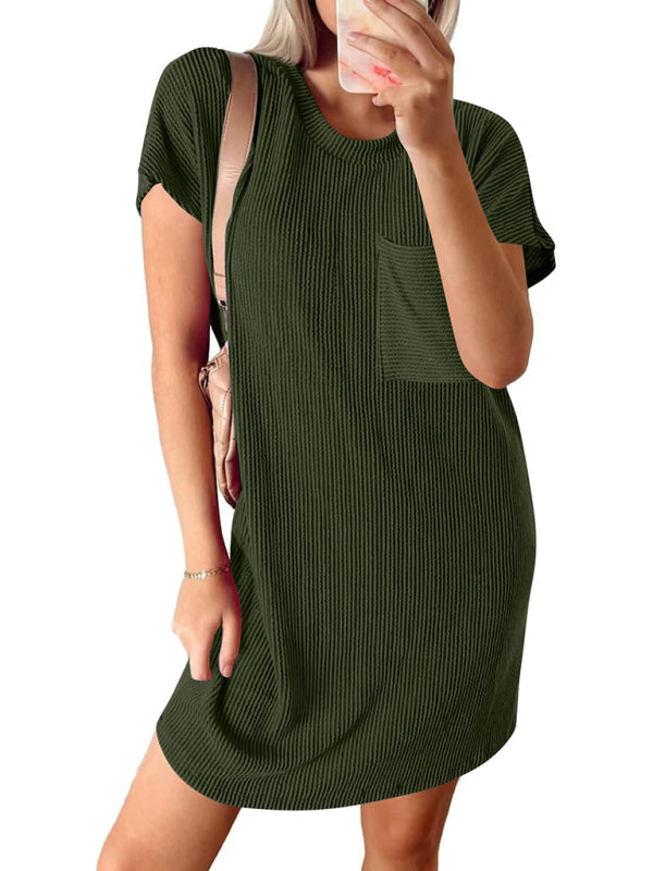 Tee Dresses- Women's Striped Crew Neck Tee Dress in Sporty Style- - Pekosa Women Fashion