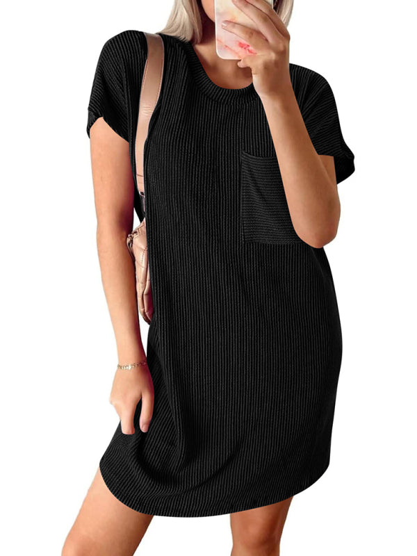 Tee Dresses- Women's Striped Crew Neck Tee Dress in Sporty Style- - Pekosa Women Fashion