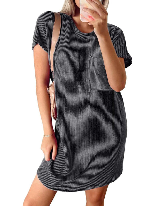 Tee Dresses- Women's Striped Crew Neck Tee Dress in Sporty Style- - Pekosa Women Fashion