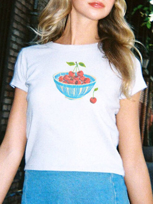 Cherry Kurzarm-Sommer-T-Shirt für Damen aus Baumwollmischung