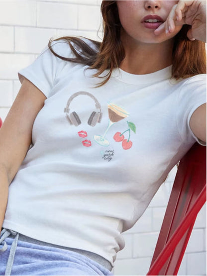 Cherry Kurzarm-Sommer-T-Shirt für Damen aus Baumwollmischung