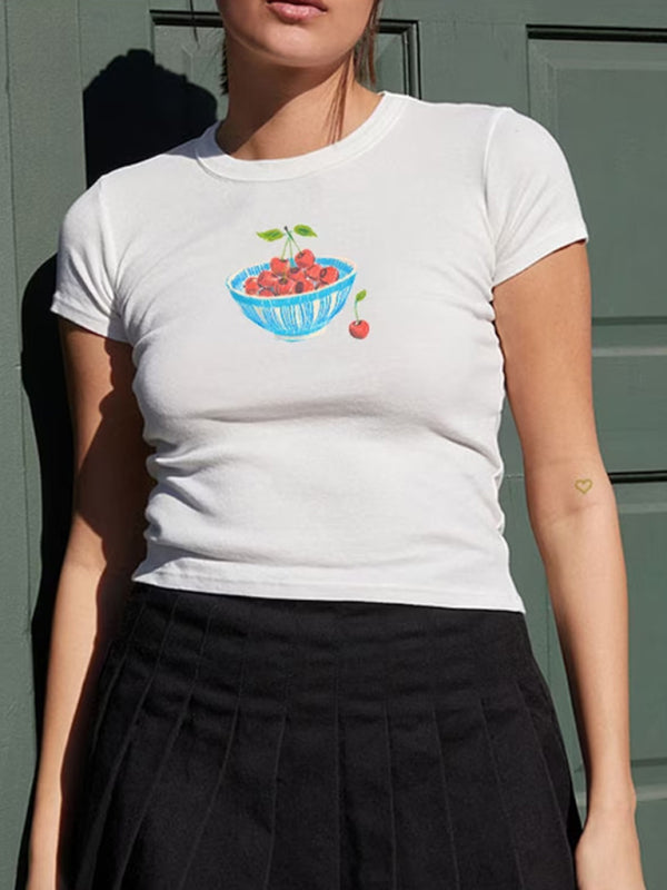 Cherry T-shirt d'été à manches courtes pour femme en mélange de coton