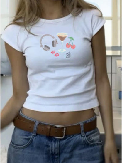 Cherry Kurzarm-Sommer-T-Shirt für Damen aus Baumwollmischung