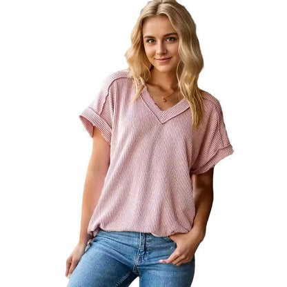 Tees- Women's Everyday Ribbed V-Neck T-Shirt- Pink- Pekosa Women Fashion