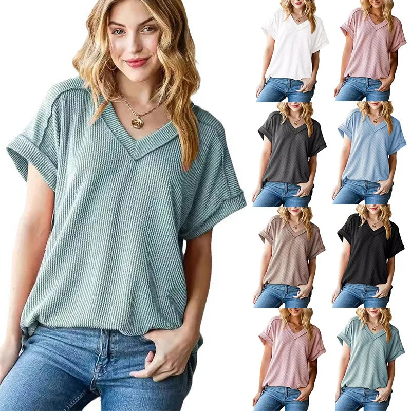 Tees- Women's Everyday Ribbed V-Neck T-Shirt- - Pekosa Women Fashion