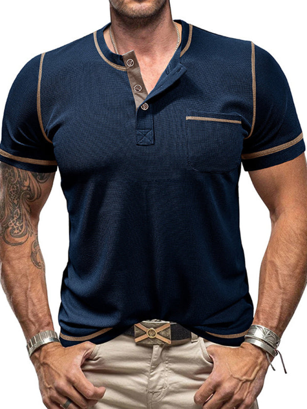 Tees- Men's Contrast Binding Henley T-Shirt for Casual Dates- Royal blue- Pekosa Women Fashion