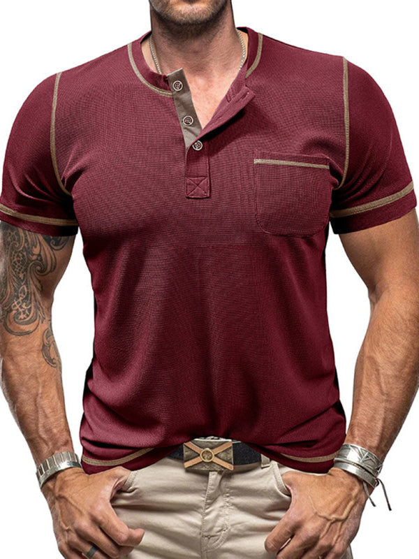 Tees- Men's Contrast Binding Henley T-Shirt for Casual Dates- Wine Red- Pekosa Women Fashion