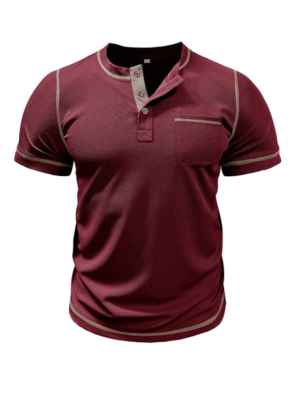 Tees- Men's Contrast Binding Henley T-Shirt for Casual Dates- - Pekosa Women Fashion