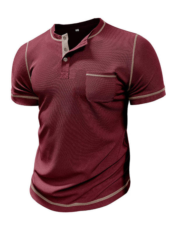 Tees- Men's Contrast Binding Henley T-Shirt for Casual Dates- - Pekosa Women Fashion