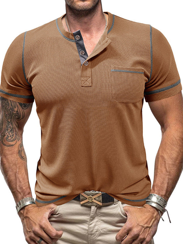 Tees- Men's Contrast Binding Henley T-Shirt for Casual Dates- Khaki- Pekosa Women Fashion