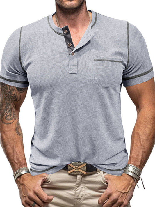 Tees- Men's Contrast Binding Henley T-Shirt for Casual Dates- Misty grey- Pekosa Women Fashion