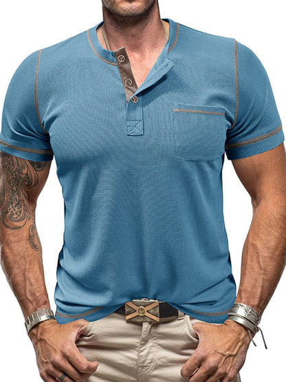 Tees- Men's Contrast Binding Henley T-Shirt for Casual Dates- Denim Blue- Pekosa Women Fashion