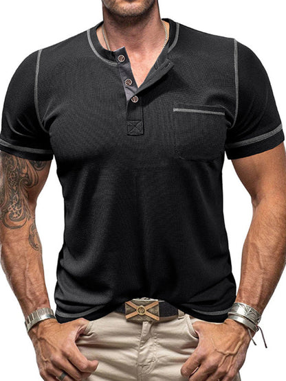 Tees- Men's Contrast Binding Henley T-Shirt for Casual Dates- Black- Pekosa Women Fashion