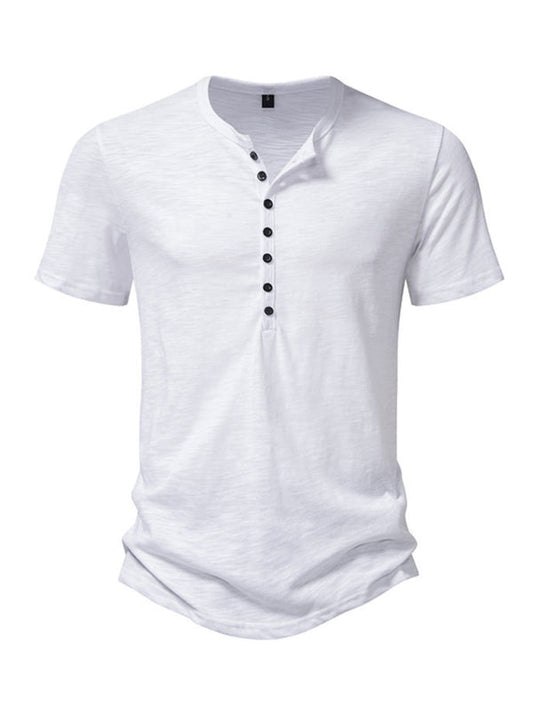 Tees- Men's Short Sleeve Solid Henley T-Shirt- White- Pekosa Women Fashion