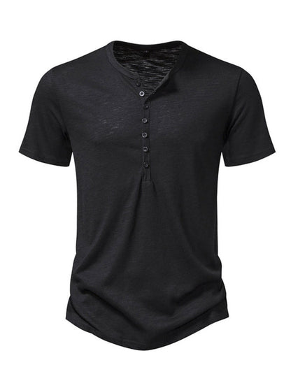 Tees- Men's Short Sleeve Solid Henley T-Shirt- Black- Pekosa Women Fashion