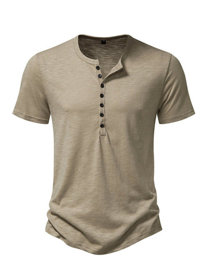 Tees- Men's Short Sleeve Solid Henley T-Shirt- Khaki- Pekosa Women Fashion