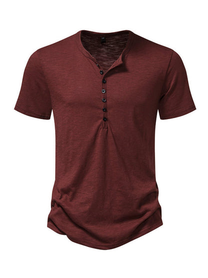 Tees- Men's Short Sleeve Solid Henley T-Shirt- Wine Red- Pekosa Women Fashion