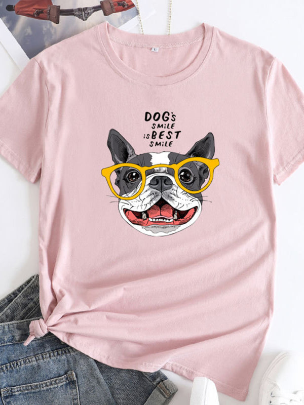 T-shirt en coton à manches courtes pour femmes Playful Pup Print