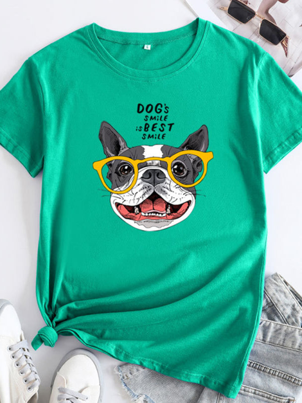 T-shirt en coton à manches courtes pour femmes Playful Pup Print