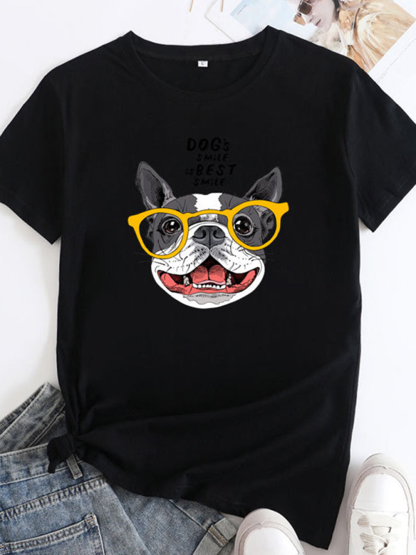 T-shirt en coton à manches courtes pour femmes Playful Pup Print