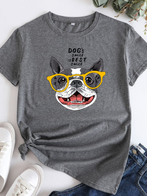 T-shirt en coton à manches courtes pour femmes Playful Pup Print